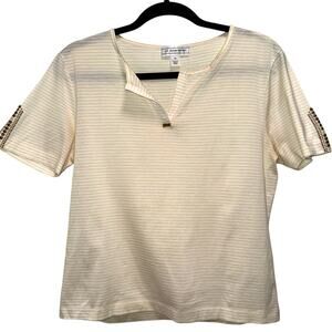 St. John Sport Striped Neutral Cotton V Neck Short Sleeve Studded Top Size Med